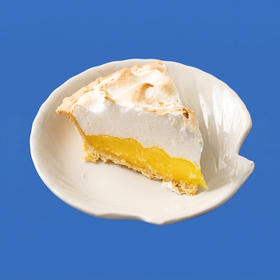 Slice of lemon meringue pie with toasted peaks on a white plate against a bright blue background.