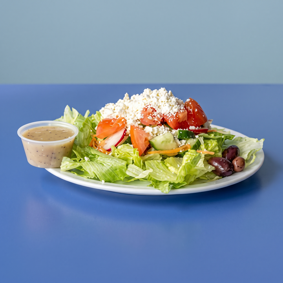 Greek salad with lettuce, tomatoes, cucumbers, olives, feta cheese, and dressing on a white plate against a blue background.