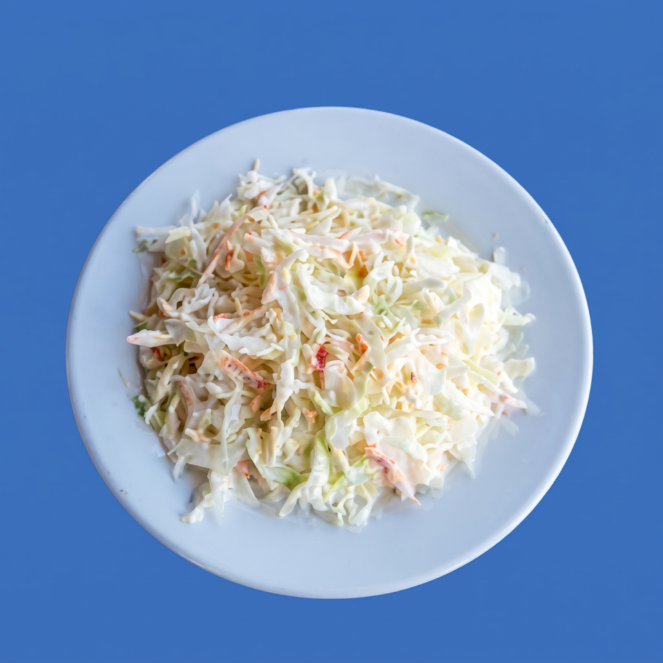 Creamy coleslaw with shredded cabbage and carrots served on a white plate against a blue background.